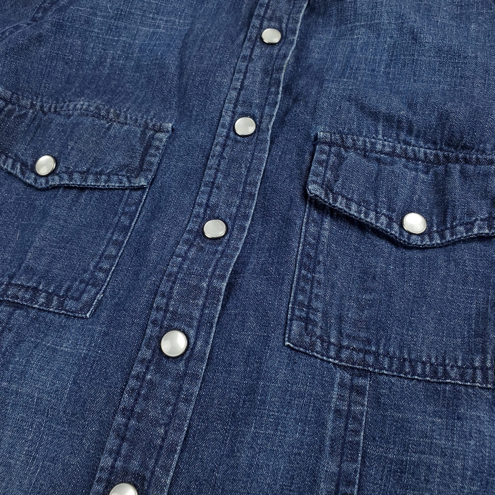 GH Bass Denim Western Jean Shirt Womens Small Pearl Snap Distressed Ranch Rodeo - Picture 7 of 10